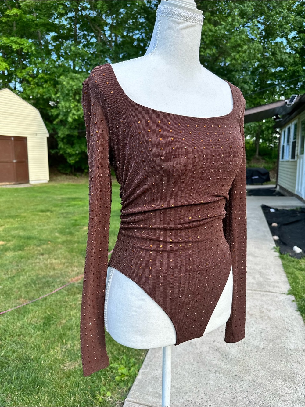 Brown Long Sleeve Scoop Neck Bodysuit with Stud Accents